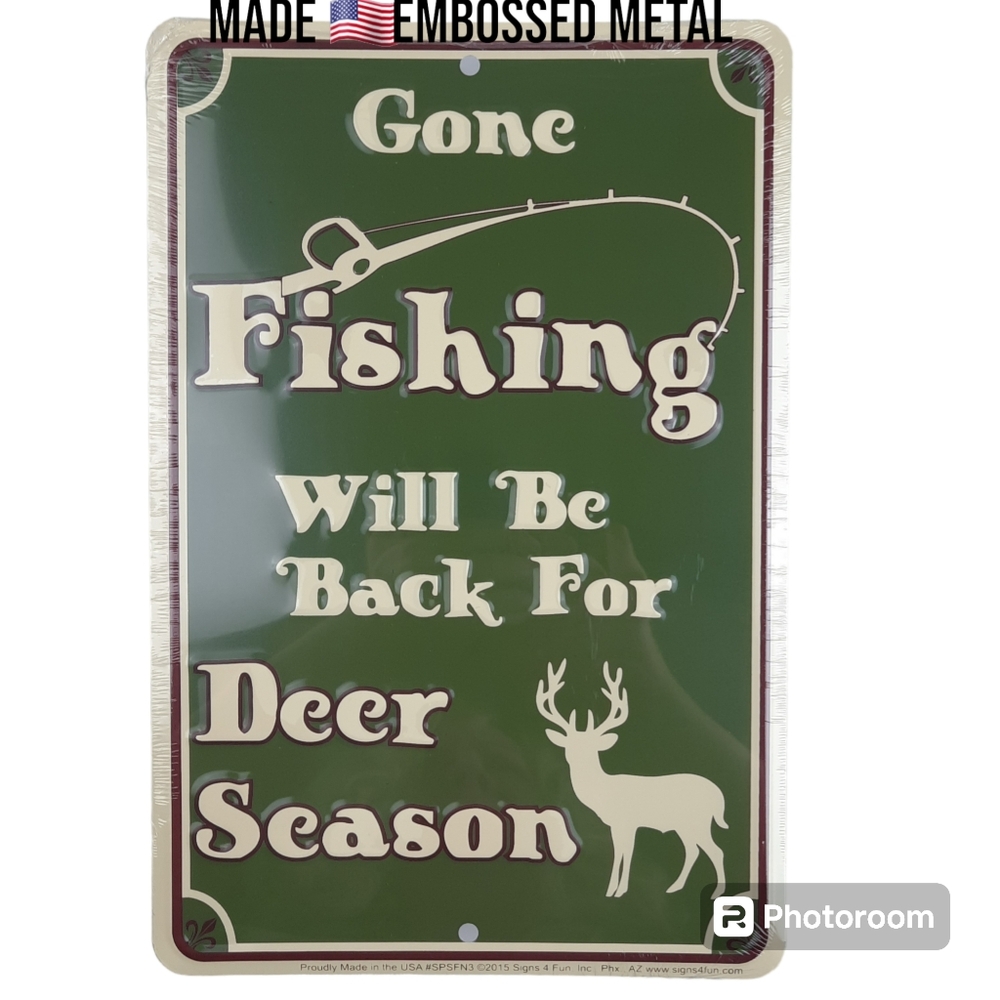 Fishing Hunting Metal Sign 12x8 Hunter Fisherman Cabin Office Decor Wall Gift